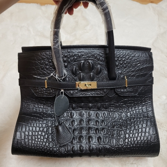Genuine Leather Croc Embossed Top Handle Designer Style Bag Purse Black New - Picture 1 of 9
